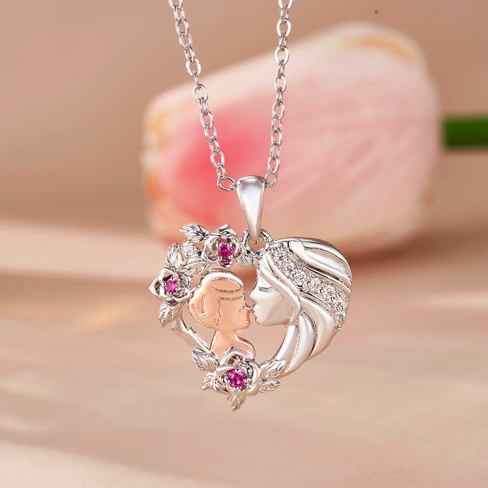 Personalized Birthstone Mother and Son Rose Heart Necklace, Sterling Silver 925 Flower Heart Pendant Necklace, Baby Shower/Mother's Day Gift for Mom