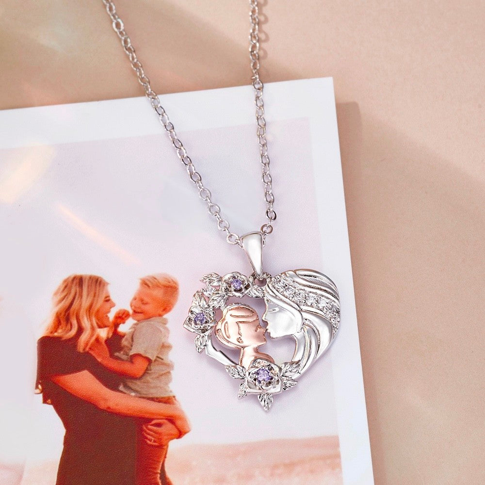 Personalized Birthstone Mother and Son Rose Heart Necklace, Sterling Silver 925 Flower Heart Pendant Necklace, Baby Shower/Mother's Day Gift for Mom