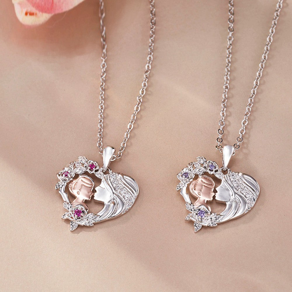 Personalized Birthstone Mother and Son Rose Heart Necklace, Sterling Silver 925 Flower Heart Pendant Necklace, Baby Shower/Mother's Day Gift for Mom