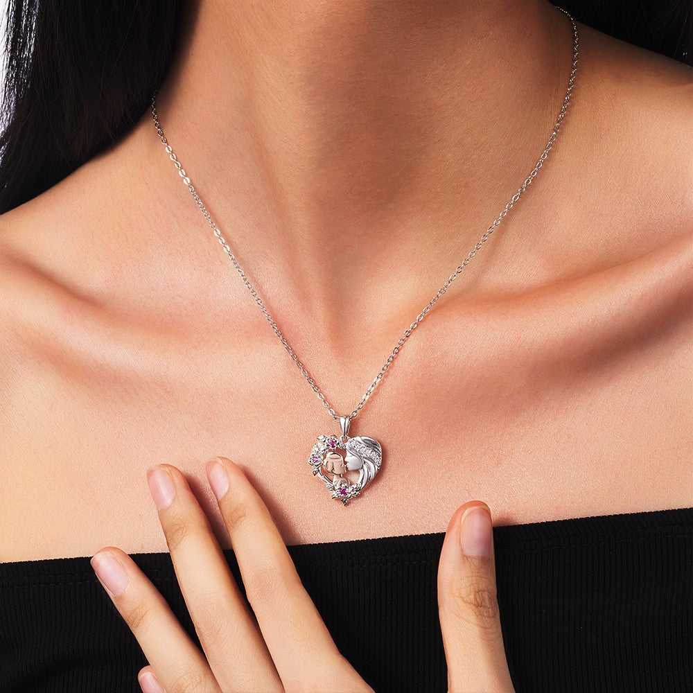 Personalized Birthstone Mother and Son Rose Heart Necklace, Sterling Silver 925 Flower Heart Pendant Necklace, Baby Shower/Mother's Day Gift for Mom