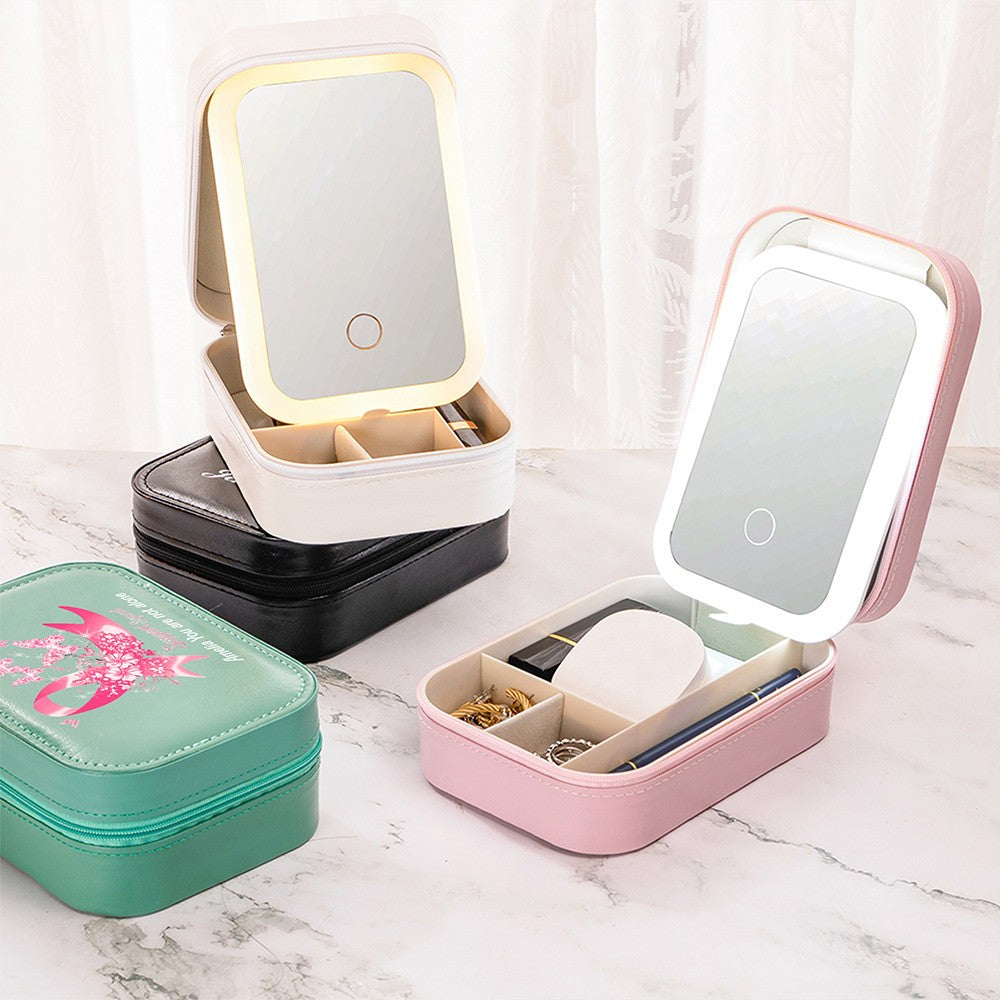 Custom Name Butterfly Pink Ribbon Makeup Box with Three-Color Adjustment LED Light Mirror, Jewelry Makeup Box, Cancer Survivor Gifts for Patients/Her