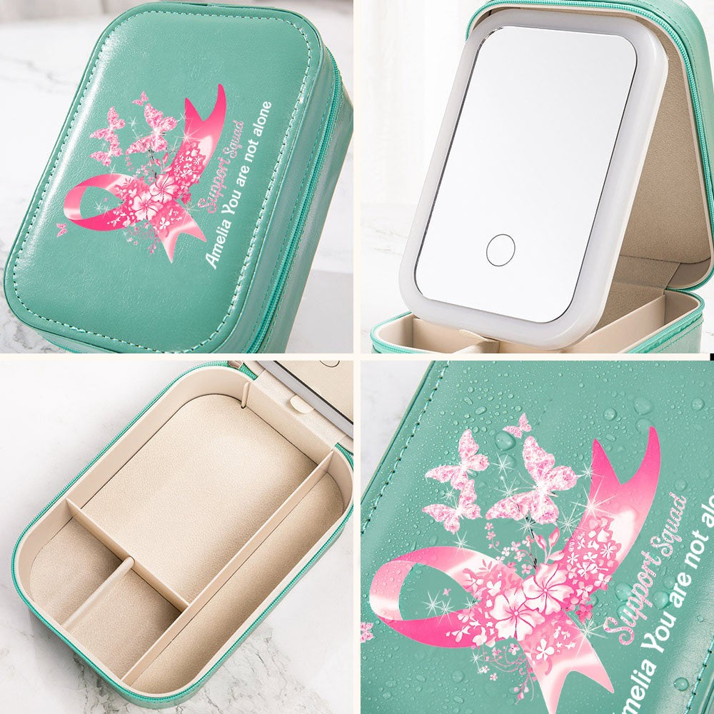 Custom Name Butterfly Pink Ribbon Makeup Box with Three-Color Adjustment LED Light Mirror, Jewelry Makeup Box, Cancer Survivor Gifts for Patients/Her