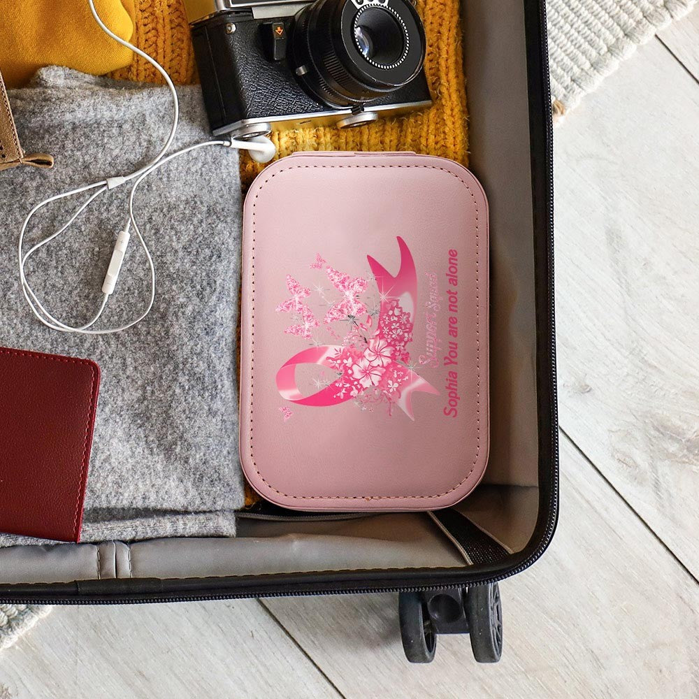 Custom Name Butterfly Pink Ribbon Makeup Box with Three-Color Adjustment LED Light Mirror, Jewelry Makeup Box, Cancer Survivor Gifts for Patients/Her