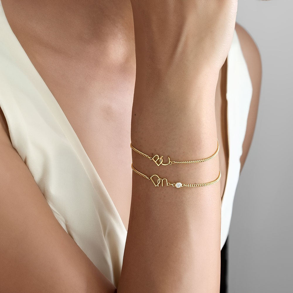 Custom Two Initials Bracelet with Birthstone, Interlocking Letters Curb Chain Bracelet, Stackable Name Charm Bracelet, Gift for Her/Mom/Best Friend