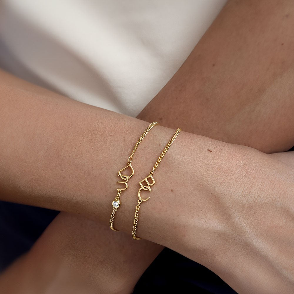 Custom Two Initials Bracelet with Birthstone, Interlocking Letters Curb Chain Bracelet, Stackable Name Charm Bracelet, Gift for Her/Mom/Best Friend