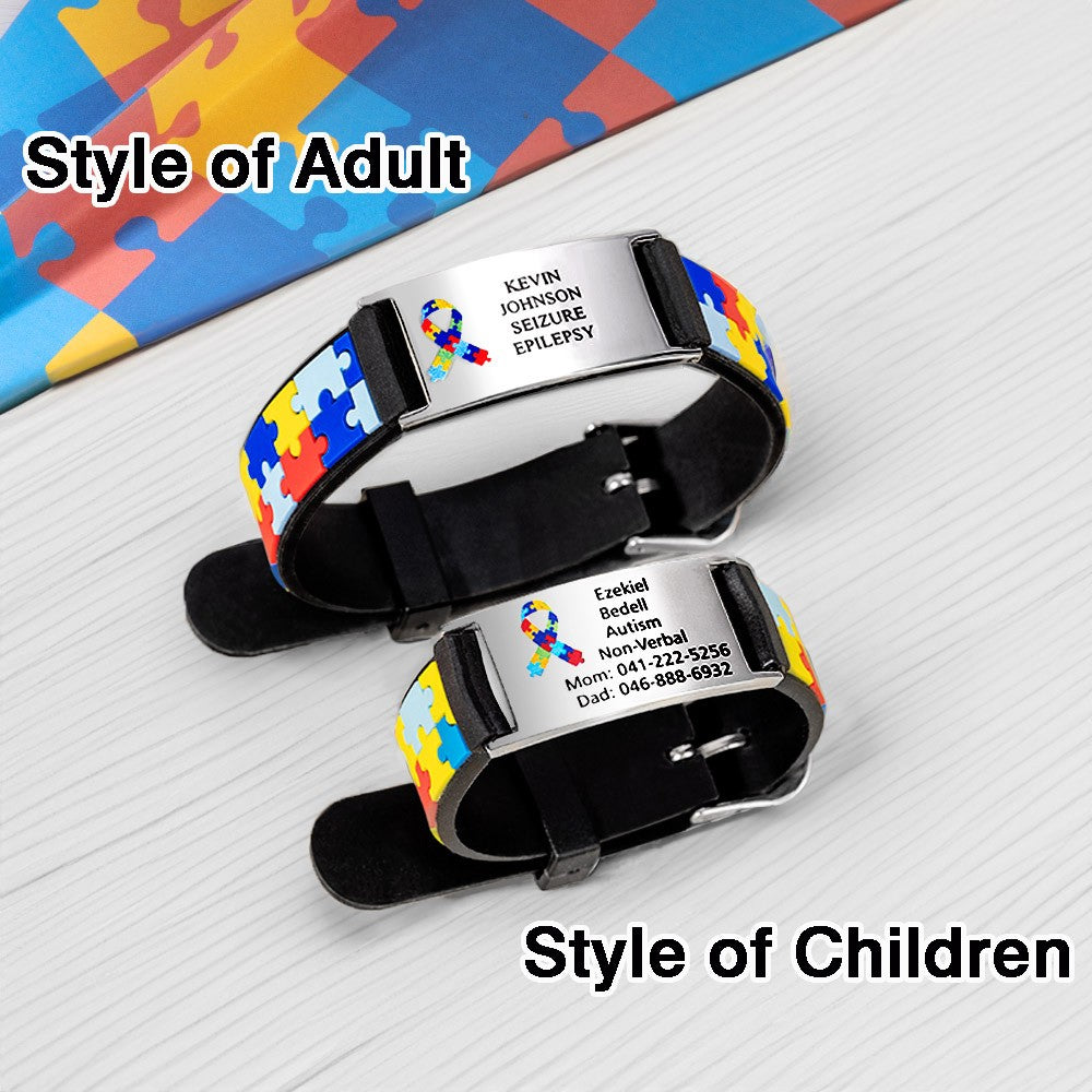 Personalized Autism Medical Alert ID Bracelet, Custom Engraved Name Autism Awareness Medical Alert Bracelet, Emergency Silicone Wristband for Kids/Adult