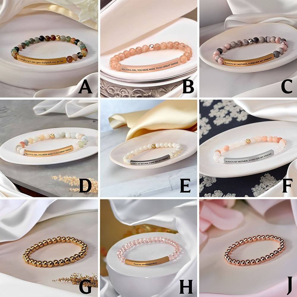 Custom Engraved Bar Beaded Bracelet, Uplifting Quote Stretch Bracelet with Beads, Birthday/Mother's Day/Anniversary Gift for Her/Mom/Couple/Friends