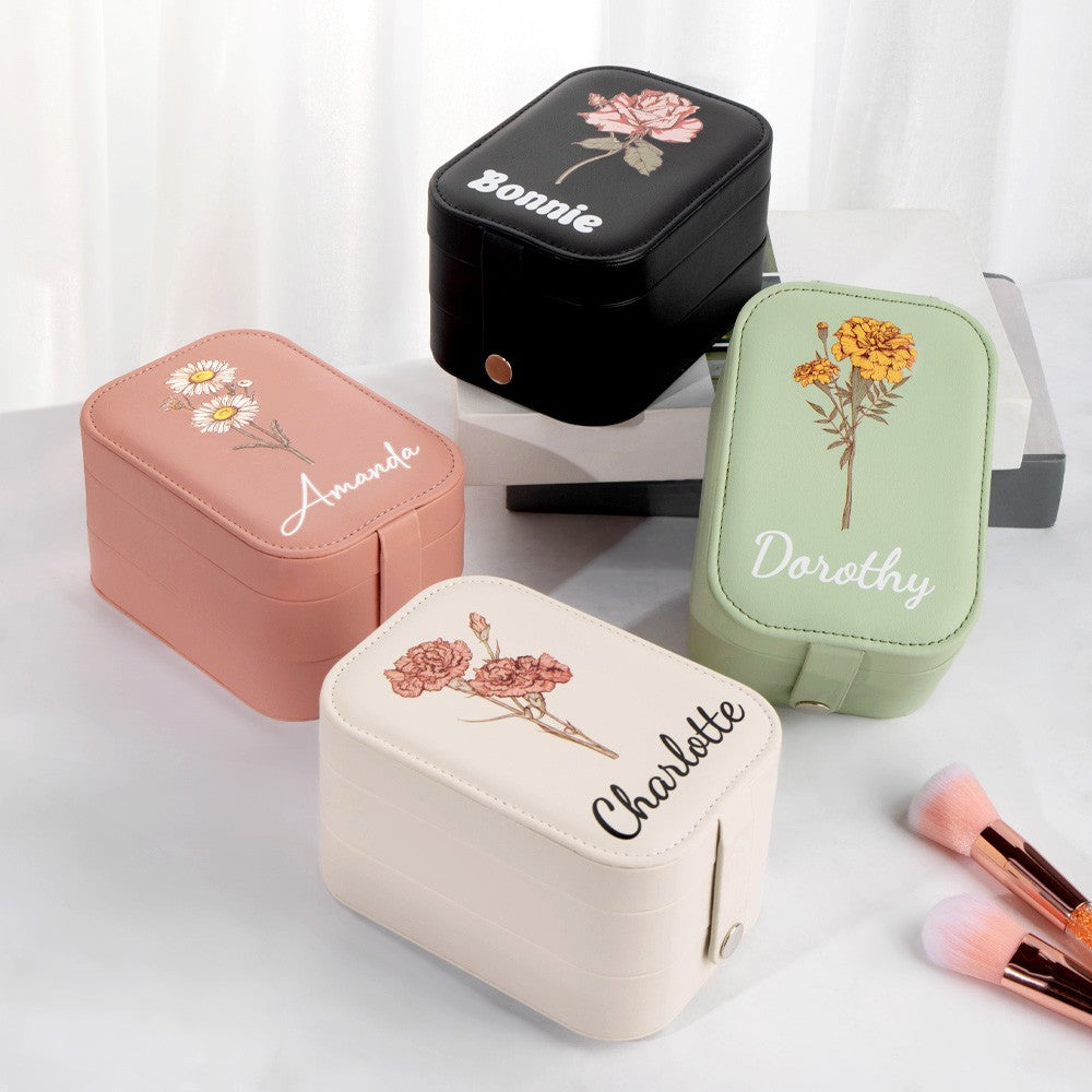 Custom Birth Flower & Name Travel Makeup Box, Multi-functional Makeup Mirror Box with LED Lights, Jewelry/Cosmetics Storage Box, Birthday Gift for Her