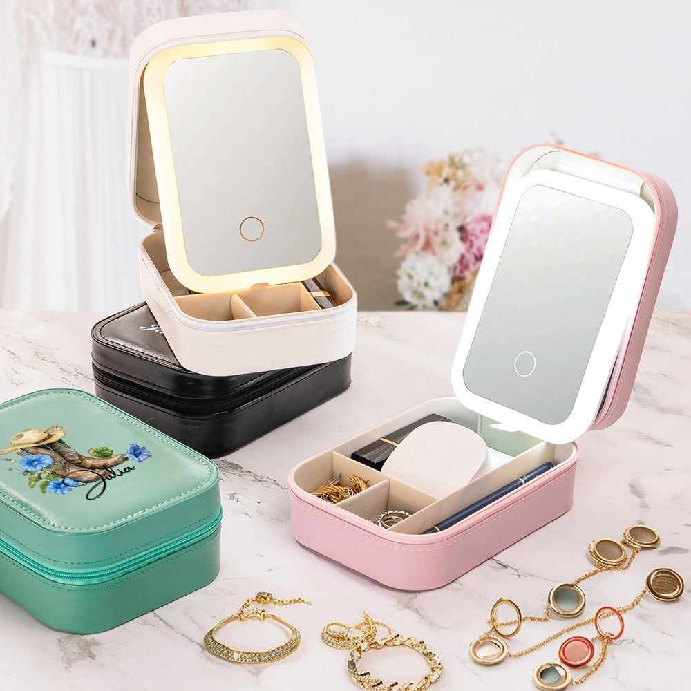 Custom Name Birth Flower Cowgirl Boots Makeup Box with Three-Color Adjustment LED Light Mirror, Travel Jewelry Makeup Box, Gift for Her/Mom/Friends