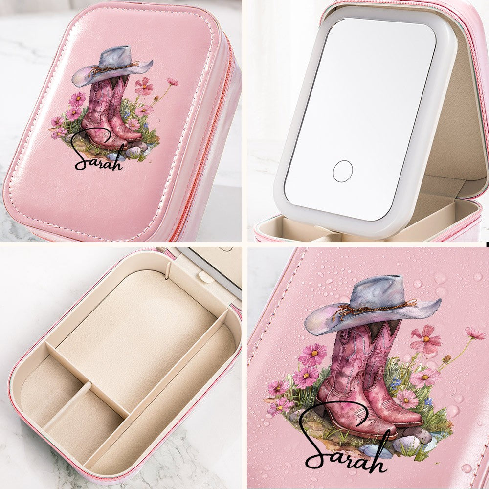 Custom Name Birth Flower Cowgirl Boots Makeup Box with Three-Color Adjustment LED Light Mirror, Travel Jewelry Makeup Box, Gift for Her/Mom/Friends