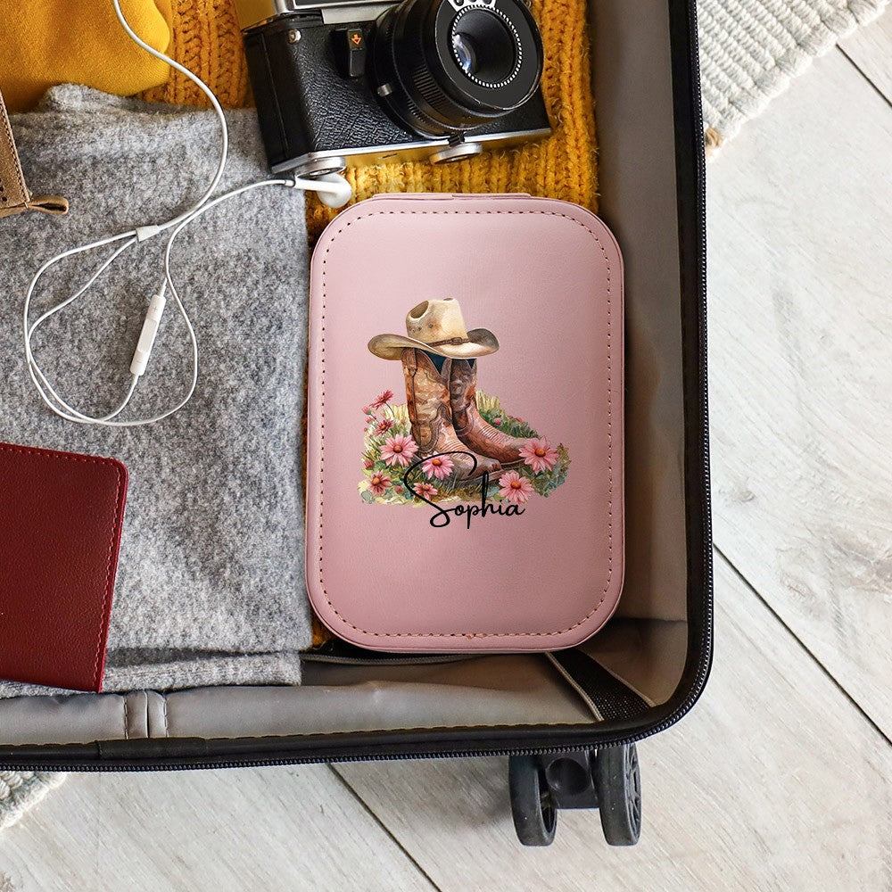 Custom Name Birth Flower Cowgirl Boots Makeup Box with Three-Color Adjustment LED Light Mirror, Travel Jewelry Makeup Box, Gift for Her/Mom/Friends
