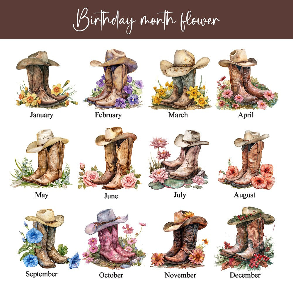 Custom Name Birth Flower Cowgirl Boots Makeup Box with Three-Color Adjustment LED Light Mirror, Travel Jewelry Makeup Box, Gift for Her/Mom/Friends