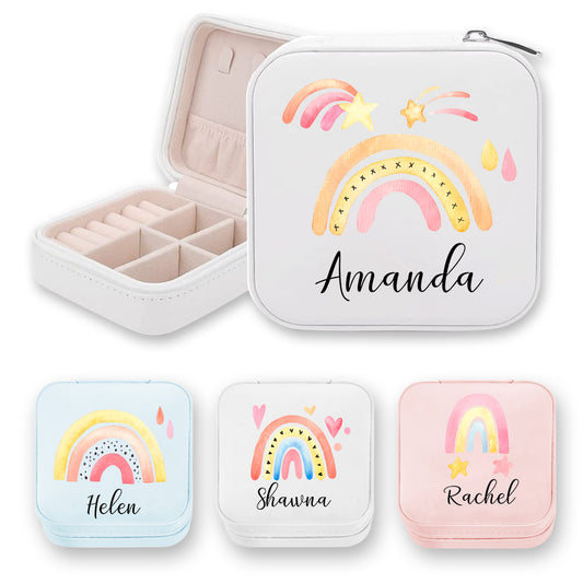 Custom Name Watercolor Rainbow Jewelry Box, PU Leather Travel Jewelry Case, Birthday/Christmas/Anniversary/Wedding for Her/Mom/Grandma/Bridesmaids