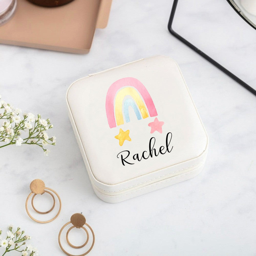 Custom Name Watercolor Rainbow Jewelry Box, PU Leather Travel Jewelry Case, Birthday/Christmas/Anniversary/Wedding for Her/Mom/Grandma/Bridesmaids