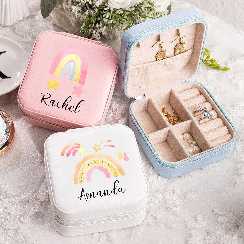 Custom Name Watercolor Rainbow Jewelry Box, PU Leather Travel Jewelry Case, Birthday/Christmas/Anniversary/Wedding for Her/Mom/Grandma/Bridesmaids