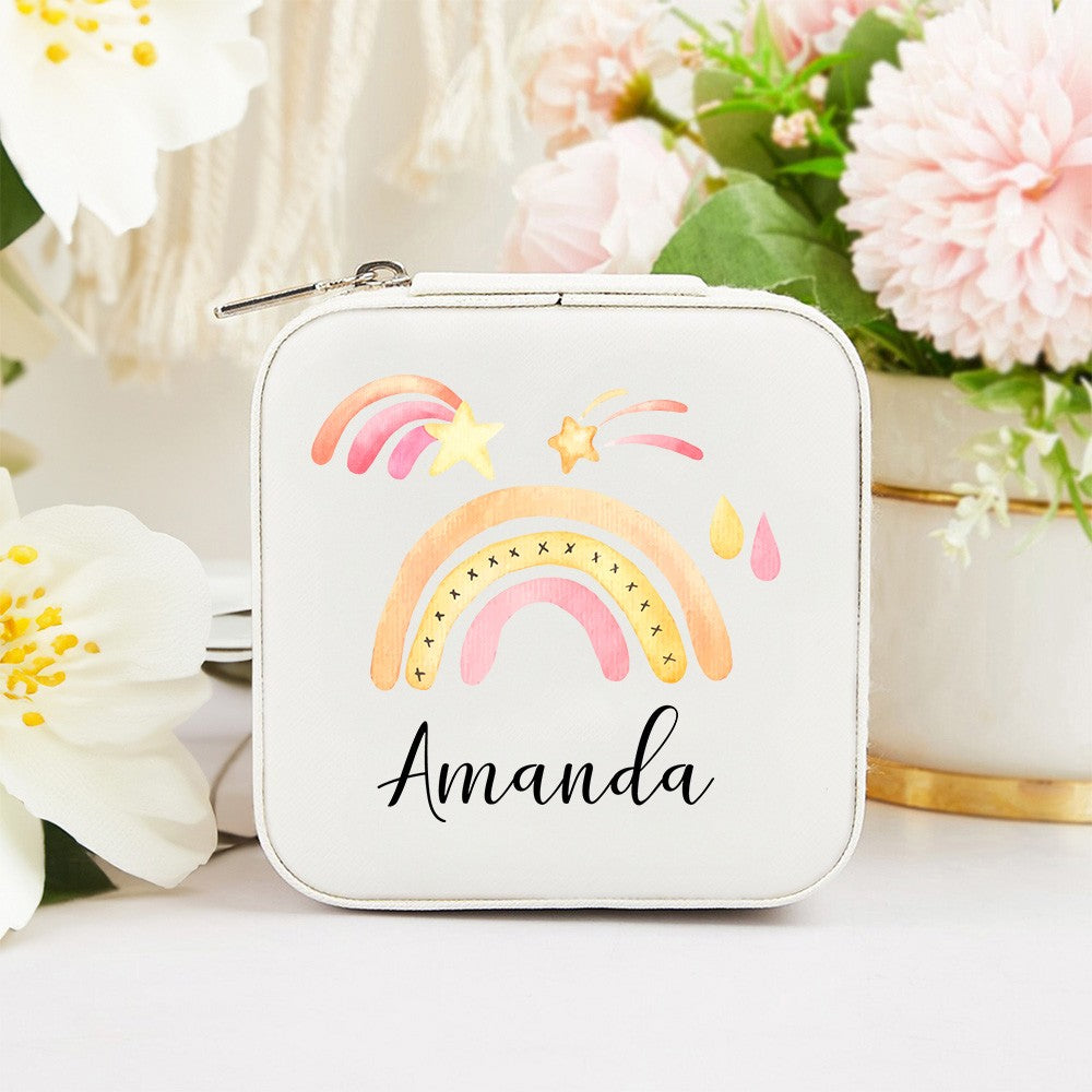 Custom Name Watercolor Rainbow Jewelry Box, PU Leather Travel Jewelry Case, Birthday/Christmas/Anniversary/Wedding for Her/Mom/Grandma/Bridesmaids