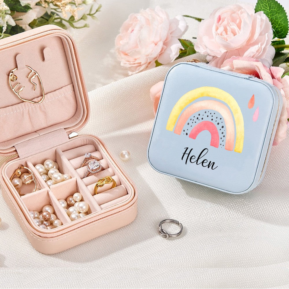 Custom Name Watercolor Rainbow Jewelry Box, PU Leather Travel Jewelry Case, Birthday/Christmas/Anniversary/Wedding for Her/Mom/Grandma/Bridesmaids