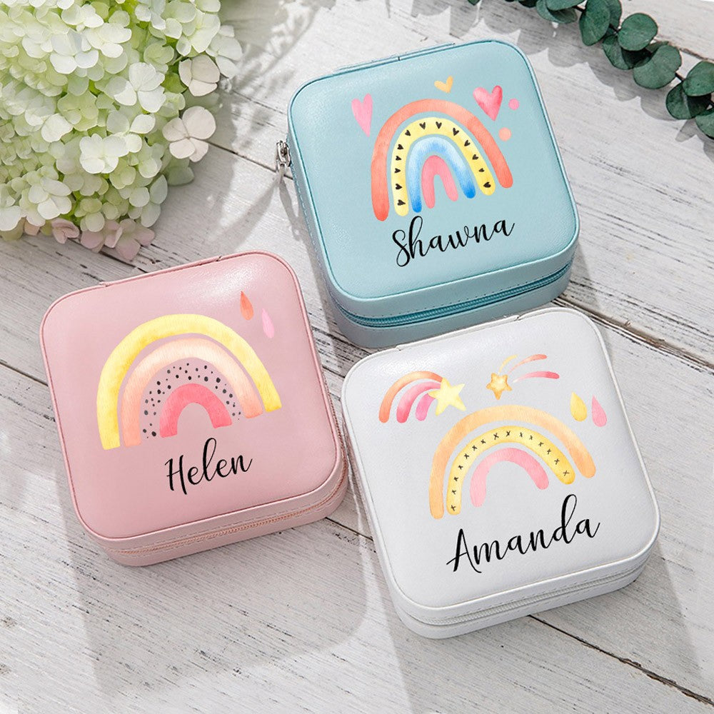 Custom Name Watercolor Rainbow Jewelry Box, PU Leather Travel Jewelry Case, Birthday/Christmas/Anniversary/Wedding for Her/Mom/Grandma/Bridesmaids