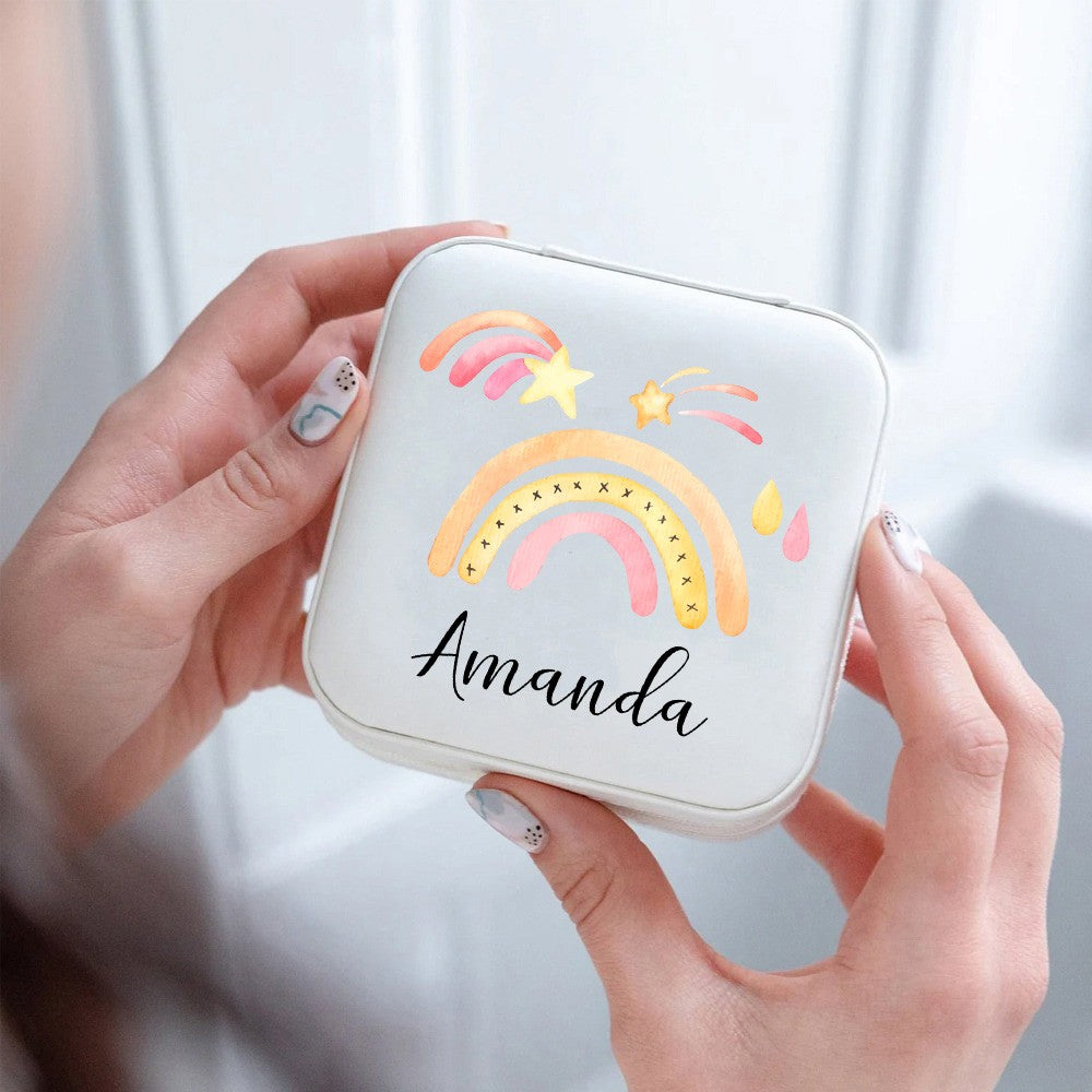Custom Name Watercolor Rainbow Jewelry Box, PU Leather Travel Jewelry Case, Birthday/Christmas/Anniversary/Wedding for Her/Mom/Grandma/Bridesmaids