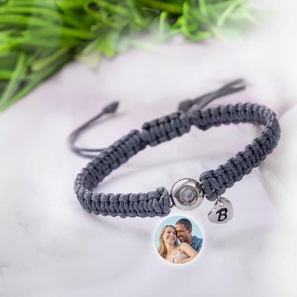 Personalized Photo Projection Charm Bracelet with Initials, Minimalist Braided Rope Bracelet, Anniversary/Valentine's Day Gift for Her/Him/Couples