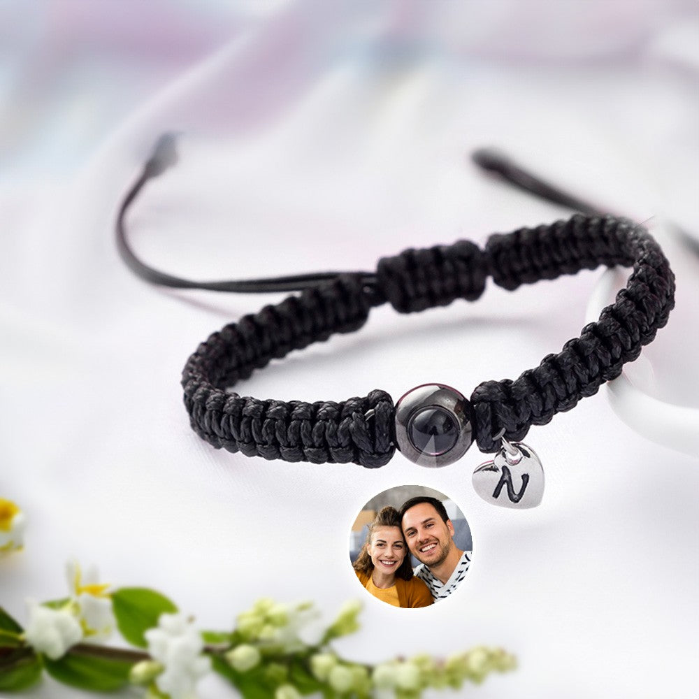 Personalized Photo Projection Charm Bracelet with Initials, Minimalist Braided Rope Bracelet, Anniversary/Valentine's Day Gift for Her/Him/Couples