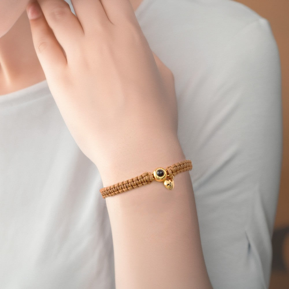 Personalized Photo Projection Charm Bracelet with Initials, Minimalist Braided Rope Bracelet, Anniversary/Valentine's Day Gift for Her/Him/Couples