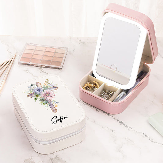 Custom Name Cross Birth Flower Makeup Box with Three-Color Adjustment LED Light Mirror, Travel Jewelry Makeup Box, Christian Gift for Her/Mom/Women