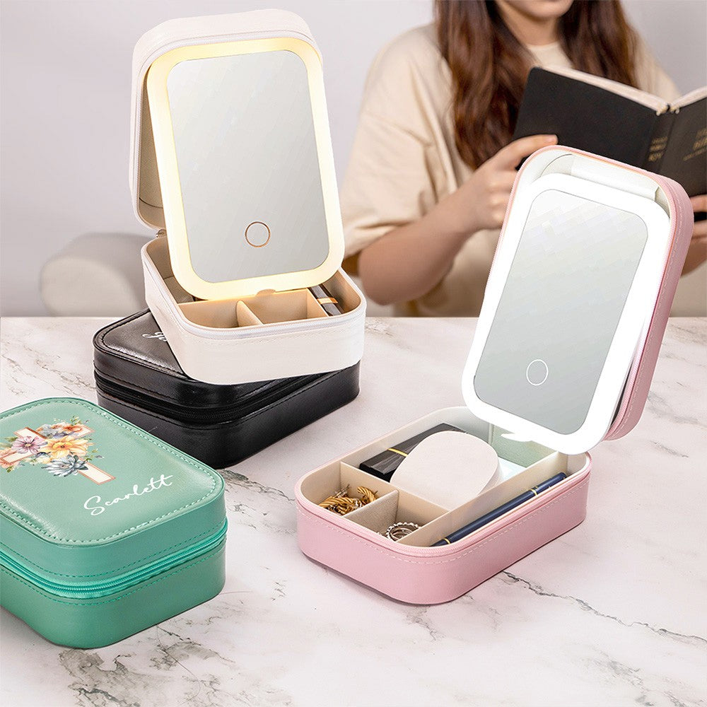 Custom Name Cross Birth Flower Makeup Box with Three-Color Adjustment LED Light Mirror, Travel Jewelry Makeup Box, Christian Gift for Her/Mom/Women