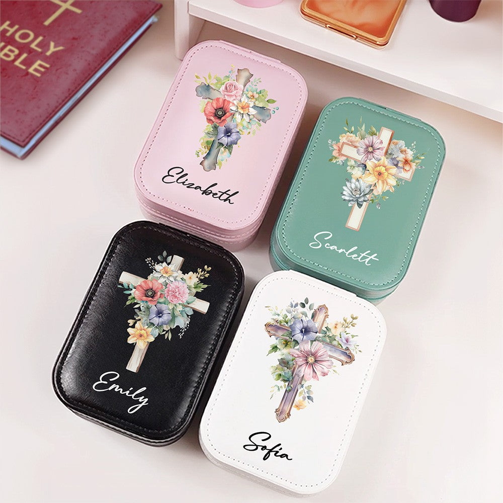 Custom Name Cross Birth Flower Makeup Box with Three-Color Adjustment LED Light Mirror, Travel Jewelry Makeup Box, Christian Gift for Her/Mom/Women