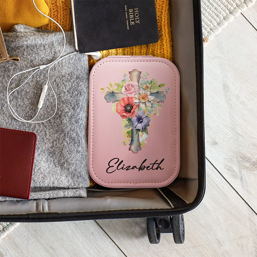 Custom Name Cross Birth Flower Makeup Box with Three-Color Adjustment LED Light Mirror, Travel Jewelry Makeup Box, Christian Gift for Her/Mom/Women