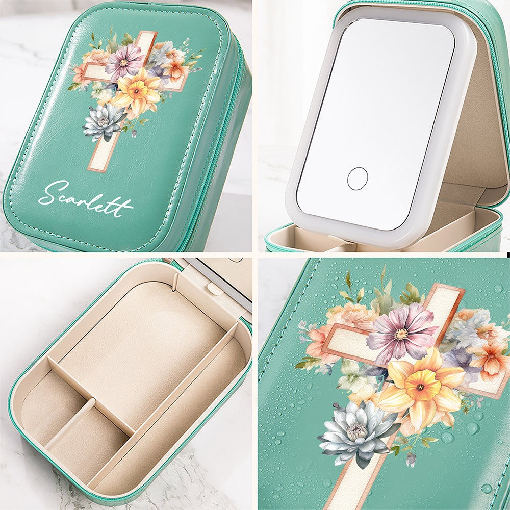 Custom Name Cross Birth Flower Makeup Box with Three-Color Adjustment LED Light Mirror, Travel Jewelry Makeup Box, Christian Gift for Her/Mom/Women