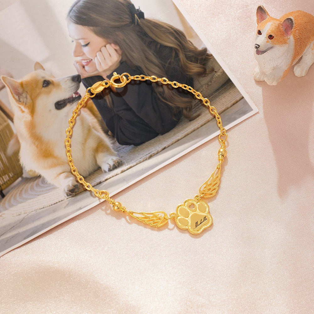 Custom Name Heart Pet Paw Bracelet with Angel Wings, In Memory of Dog/Cat Bracelet, Sterling Silver 925 Pet Loss Jewelry, Sympathy Gift for Pet Mom