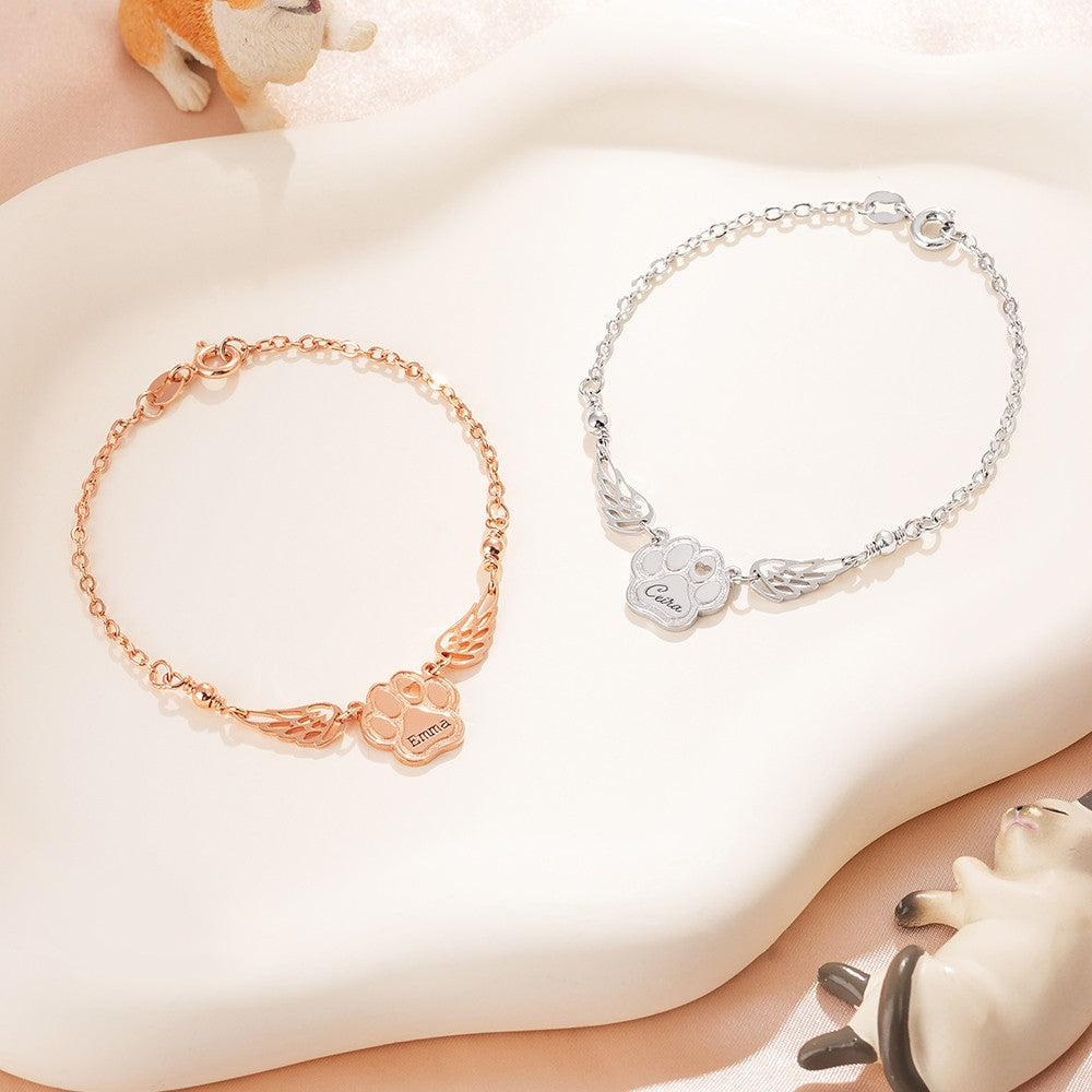 Custom Name Heart Pet Paw Bracelet with Angel Wings, In Memory of Dog/Cat Bracelet, Sterling Silver 925 Pet Loss Jewelry, Sympathy Gift for Pet Mom