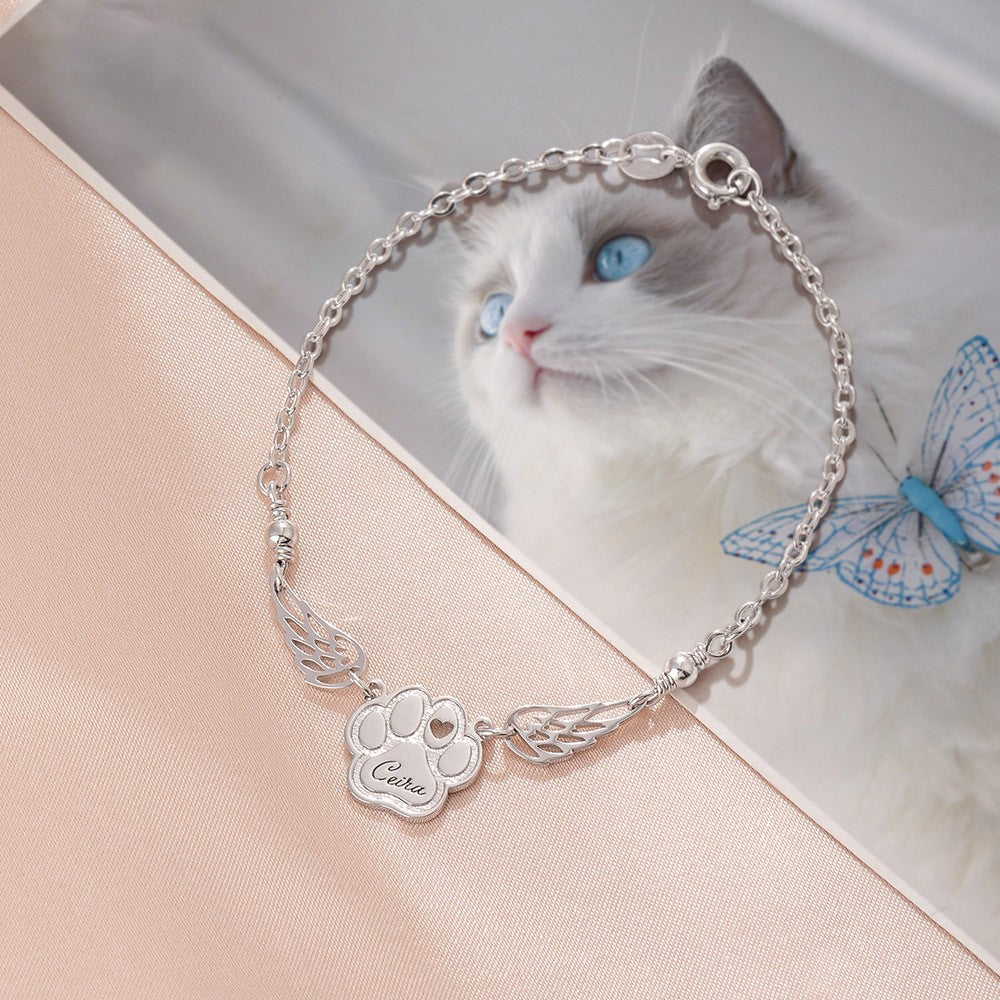 Custom Name Heart Pet Paw Bracelet with Angel Wings, In Memory of Dog/Cat Bracelet, Sterling Silver 925 Pet Loss Jewelry, Sympathy Gift for Pet Mom