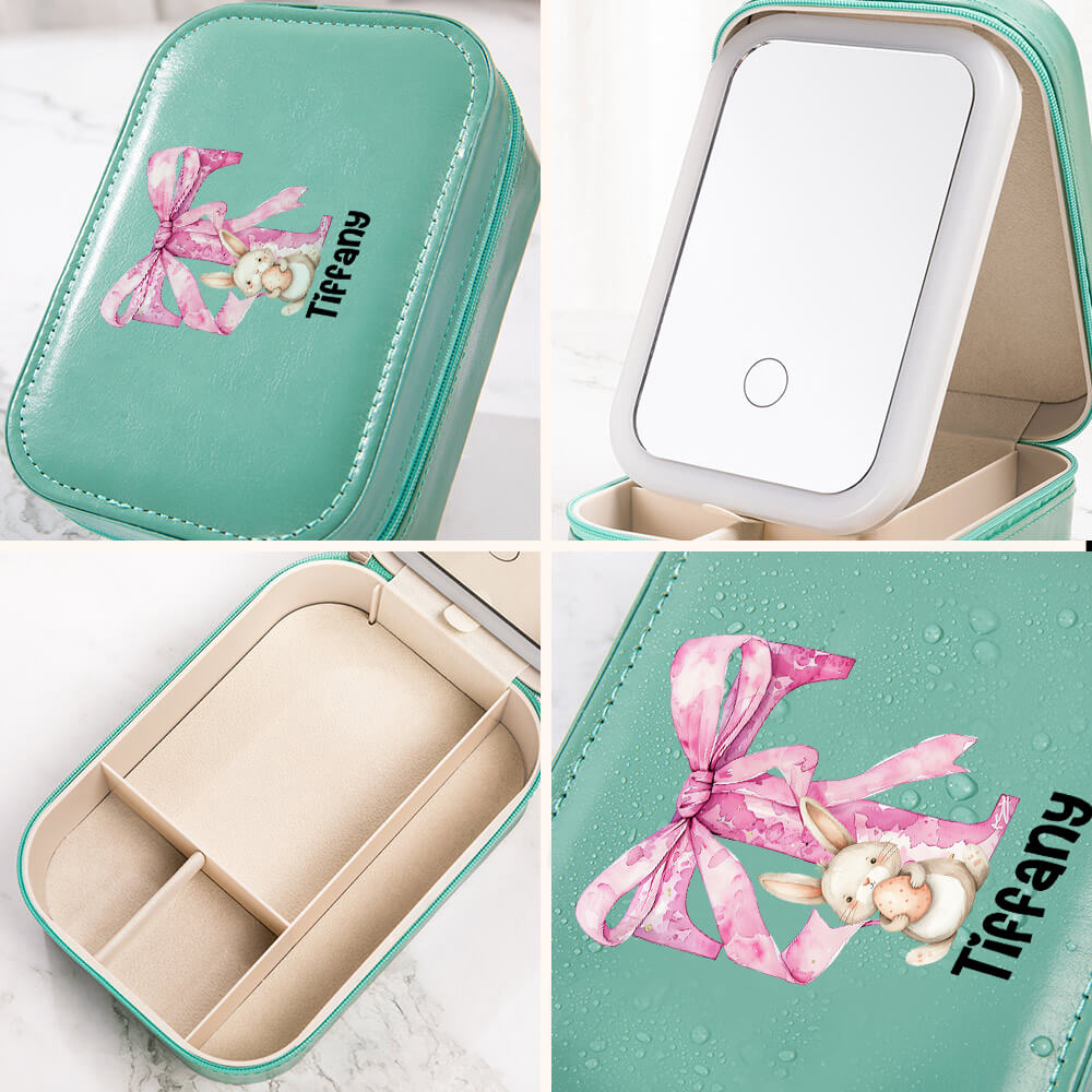 Personalized Pink Bow Initial Bunny Makeup Box with Name, Multi-functional Jewelry Makeup Box with Three-Color LED Light Mirror, Easter Gift for Women