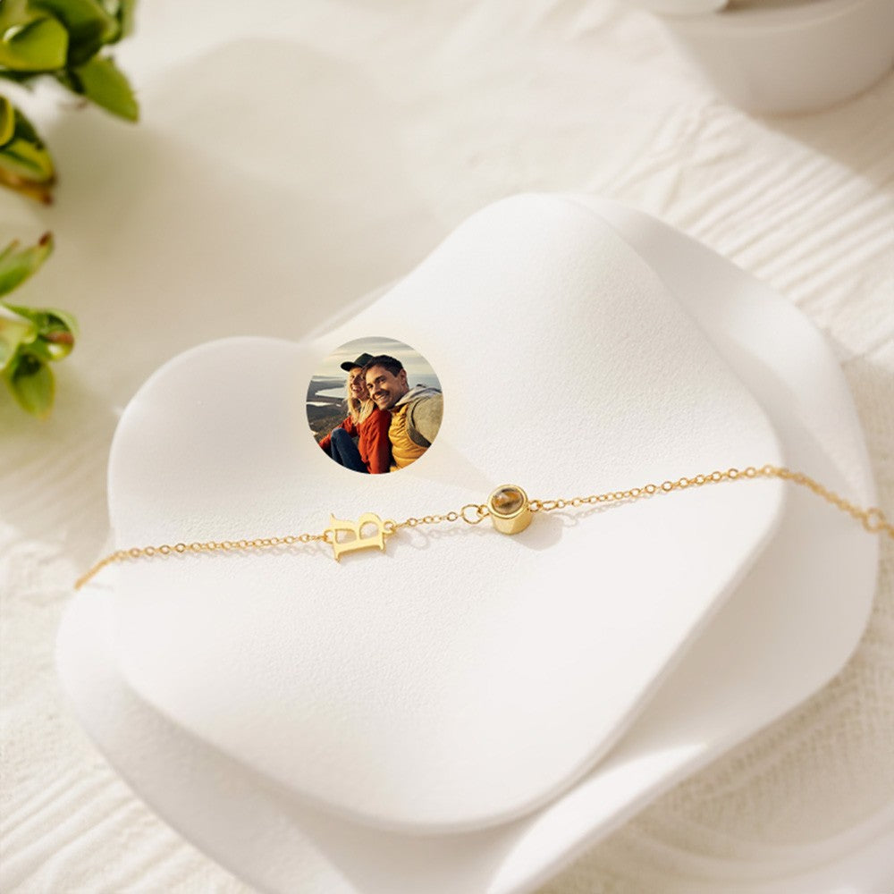 Personalized Photo Projection Bracelet with Initial Charm, Custom Picture Memorial Jewelry, Anniversary/Birthday/Christmas Gift for Bestie/Mom/Her