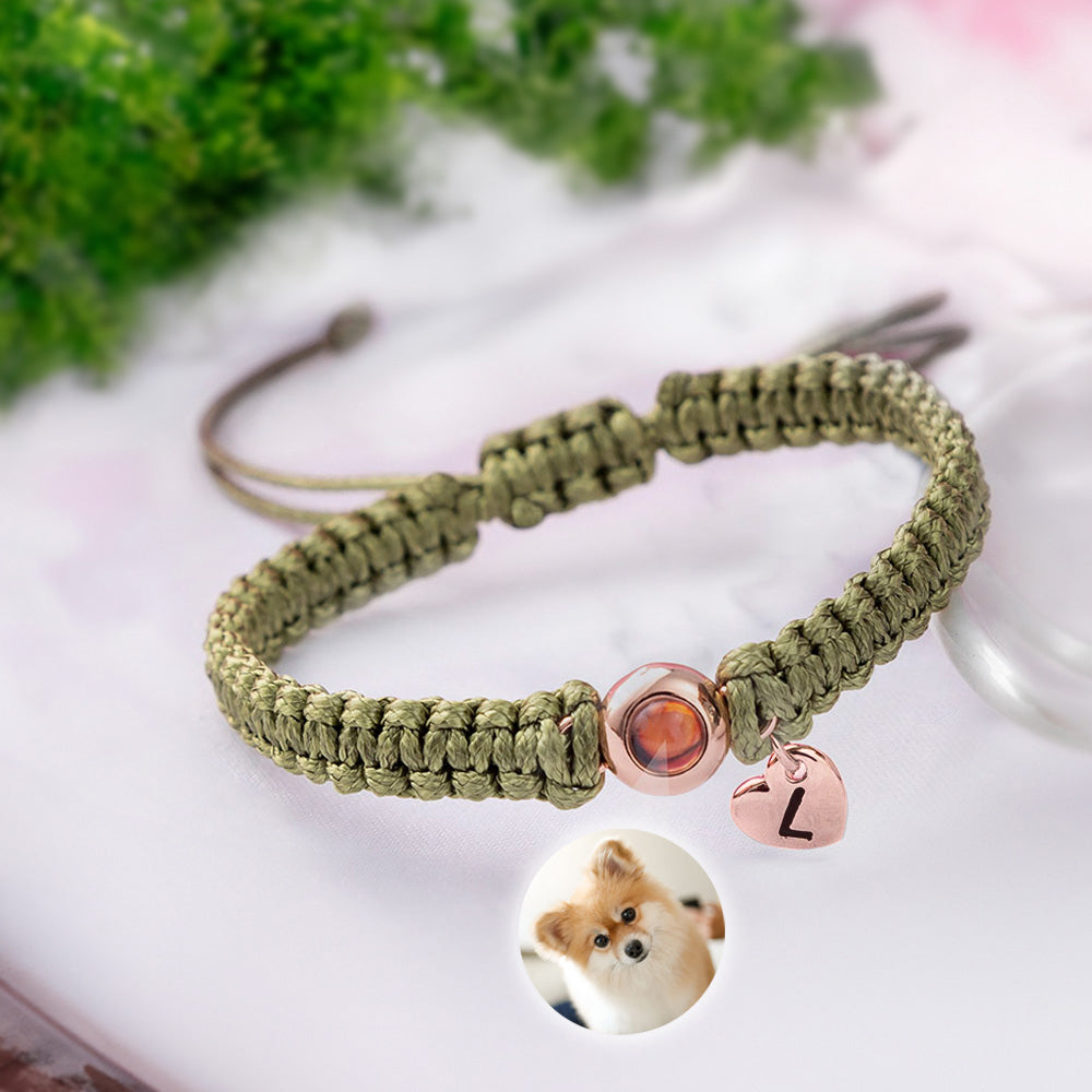 Personalized Photo Projection Charm Bracelet with Initials, Minimalist Braided Rope Bracelet, Anniversary/Valentine's Day Gift for Her/Him/Couples