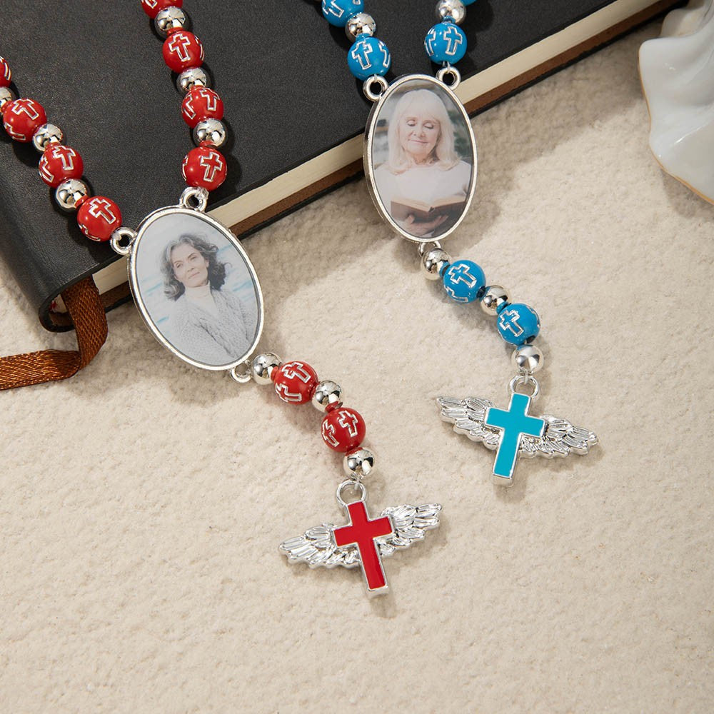 Personalized Photo Cross Rosary Beaded Necklace with Angel Wings, Custom Picture Crucifix Necklace, Memorial Jewelry, Christian Gift for Family/Friend