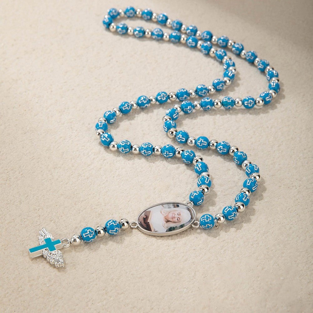 Personalized Photo Cross Rosary Beaded Necklace with Angel Wings, Custom Picture Crucifix Necklace, Memorial Jewelry, Christian Gift for Family/Friend