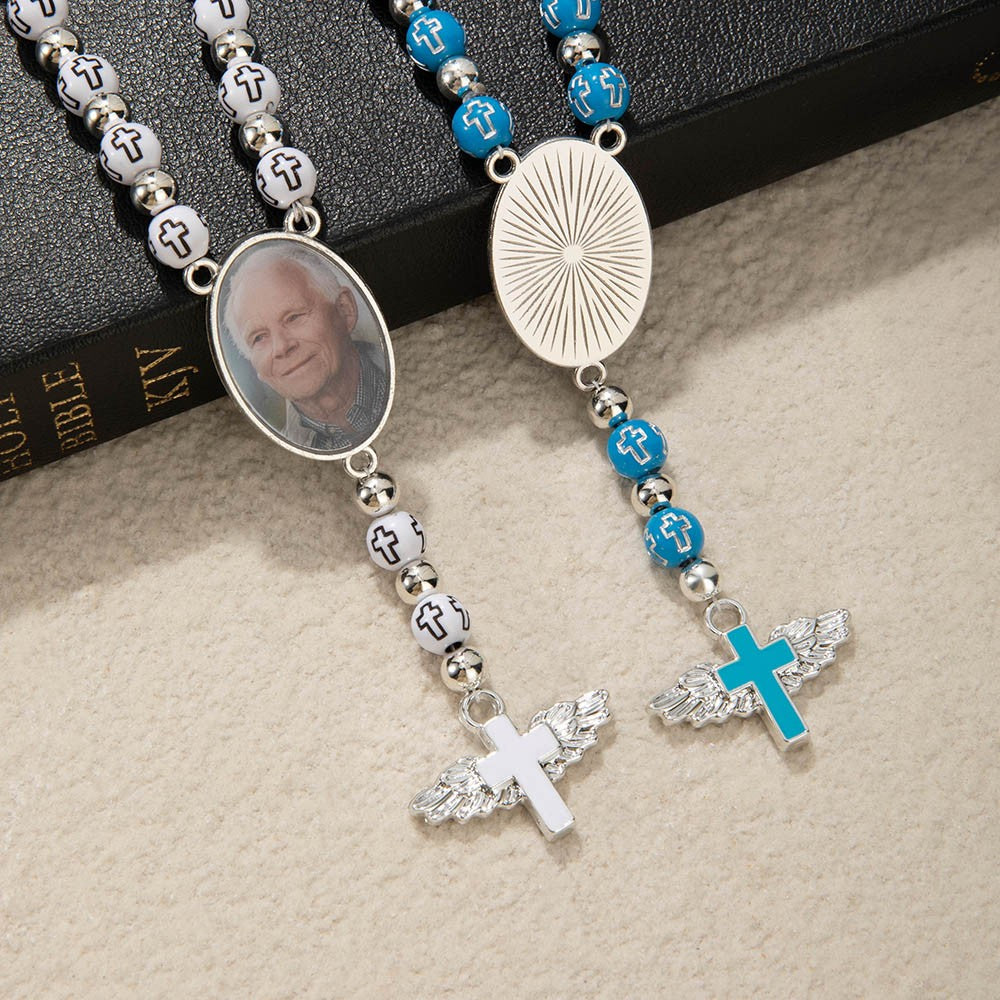 Personalized Photo Cross Rosary Beaded Necklace with Angel Wings, Custom Picture Crucifix Necklace, Memorial Jewelry, Christian Gift for Family/Friend