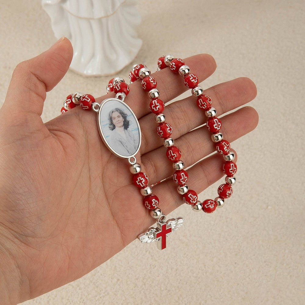 Personalized Photo Cross Rosary Beaded Necklace with Angel Wings, Custom Picture Crucifix Necklace, Memorial Jewelry, Christian Gift for Family/Friend