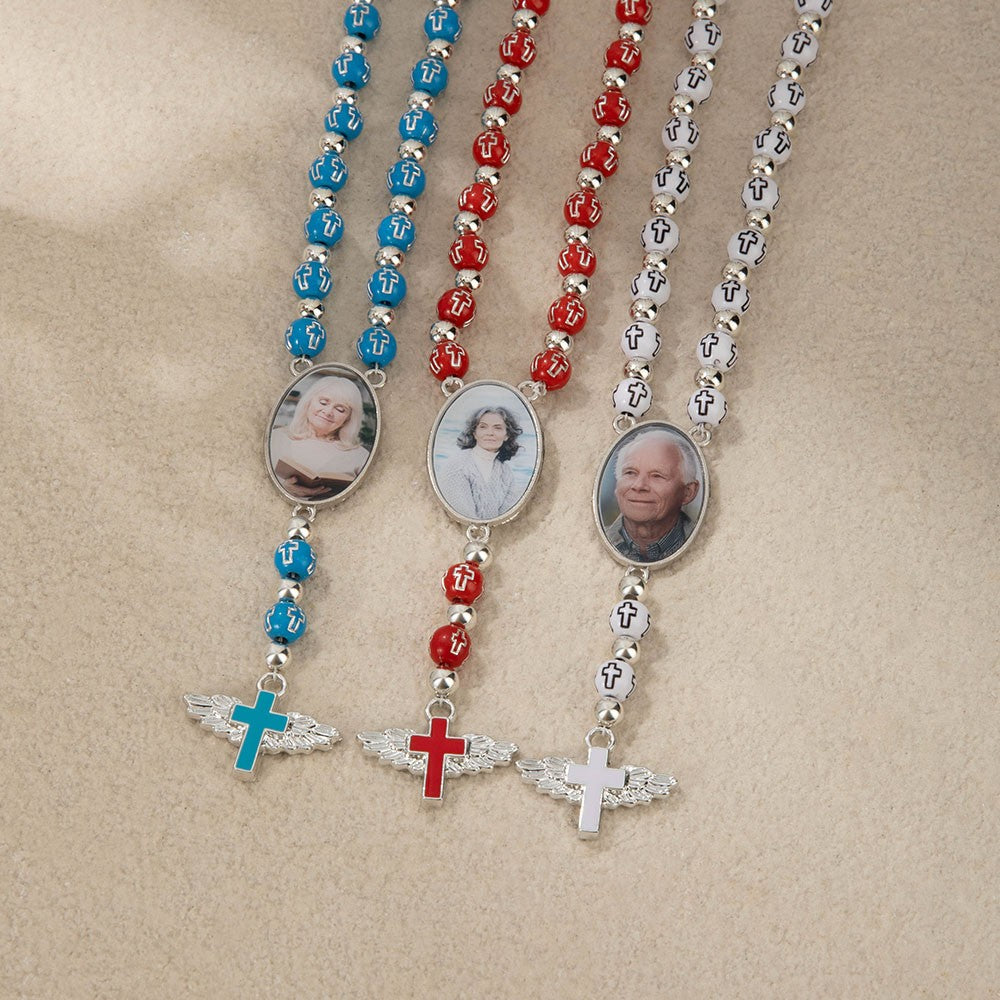 Personalized Photo Cross Rosary Beaded Necklace with Angel Wings, Custom Picture Crucifix Necklace, Memorial Jewelry, Christian Gift for Family/Friend