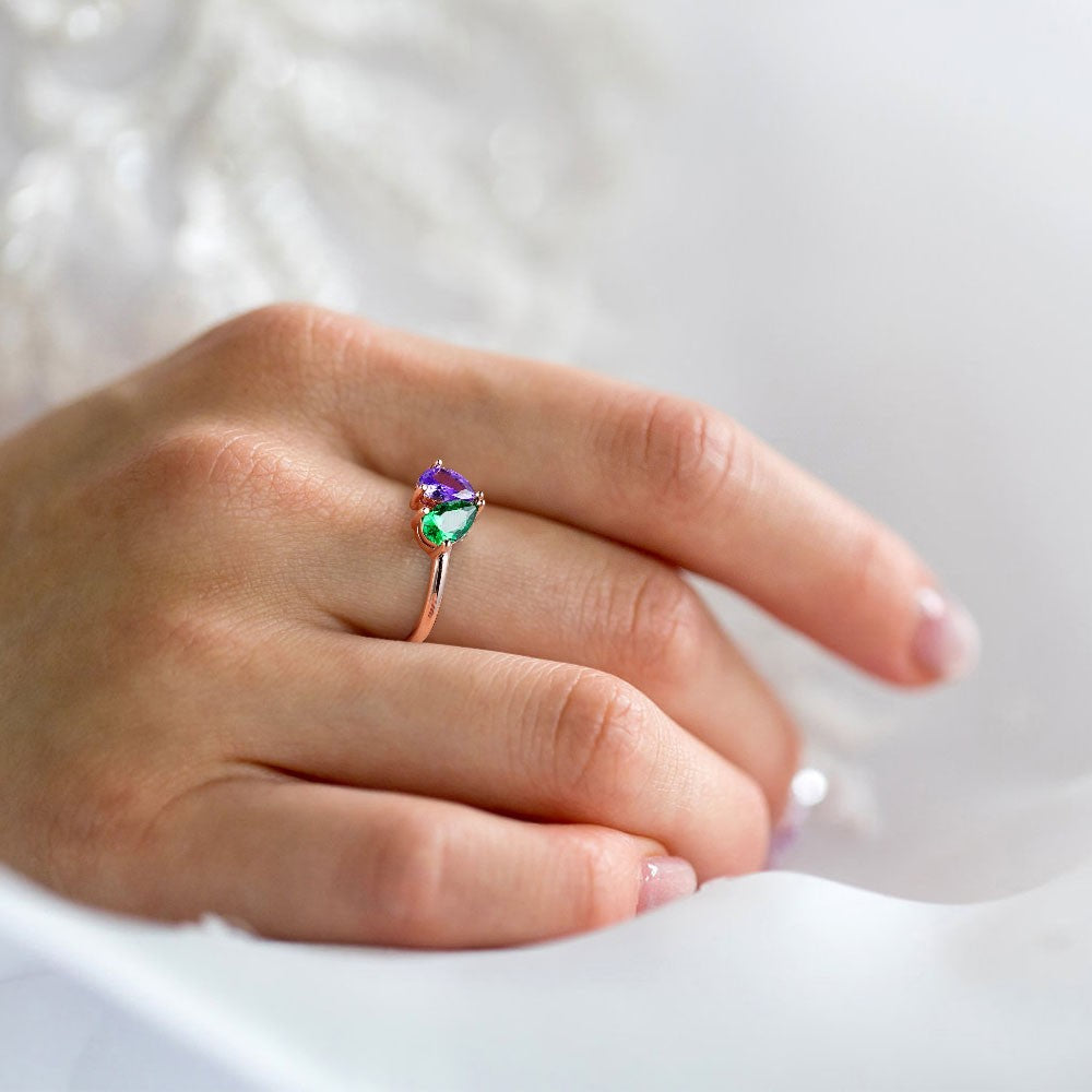 Custom Double Birthstones Heart Ring, Sterling Silver 925 Birthstone Ring, Promise Ring for Women, Anniversary/Mother's Day/Wedding Gift for Her/Mom