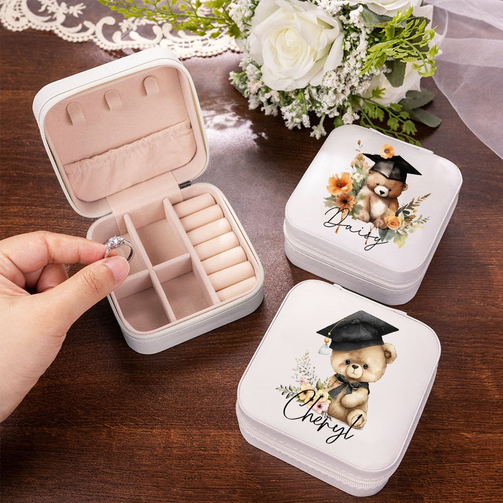 Personalized Name Bear with Graduation Hat Design Jewelry Box, PU Leather Travel Jewelry Case, Graduation Party Favor, Gift for Graduates/Friends/Her