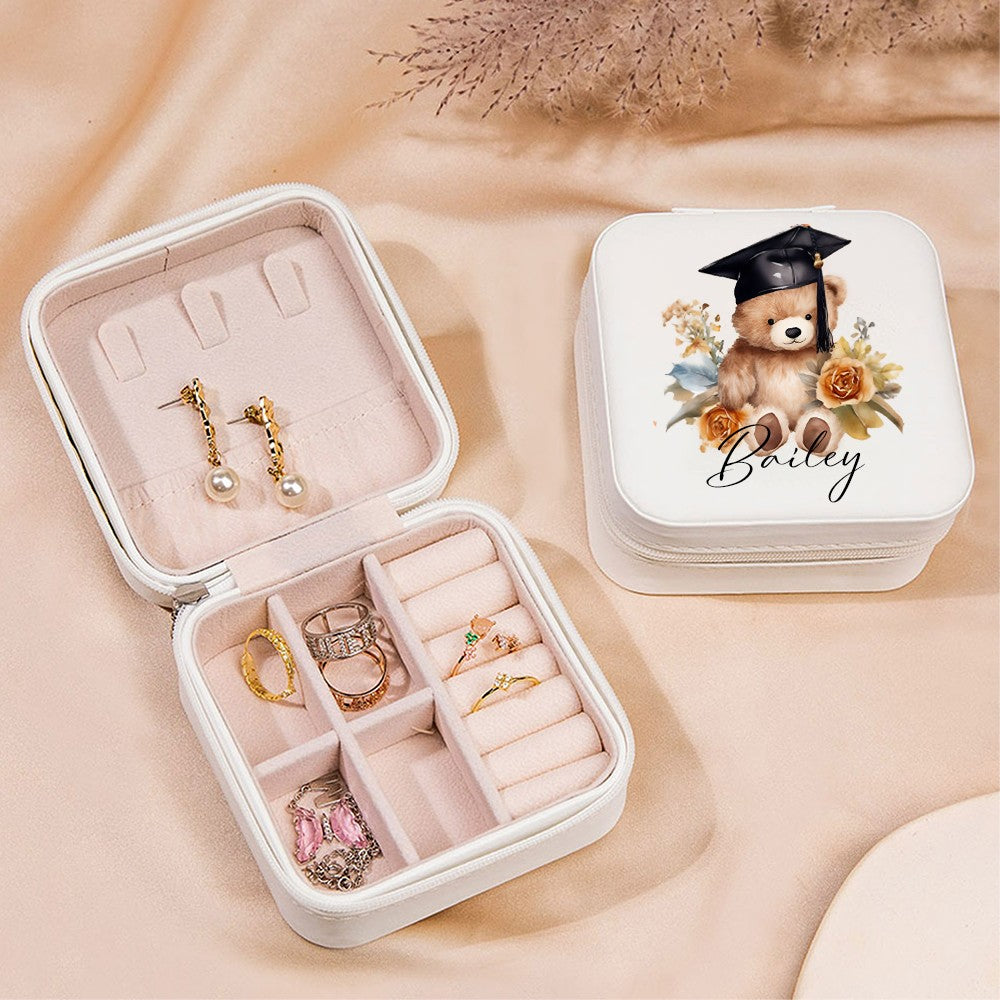Personalized Name Bear with Graduation Hat Design Jewelry Box, PU Leather Travel Jewelry Case, Graduation Party Favor, Gift for Graduates/Friends/Her