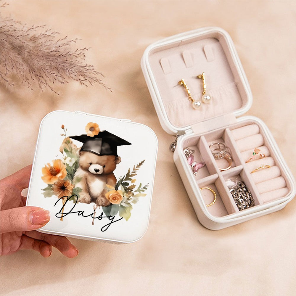 Personalized Name Bear with Graduation Hat Design Jewelry Box, PU Leather Travel Jewelry Case, Graduation Party Favor, Gift for Graduates/Friends/Her