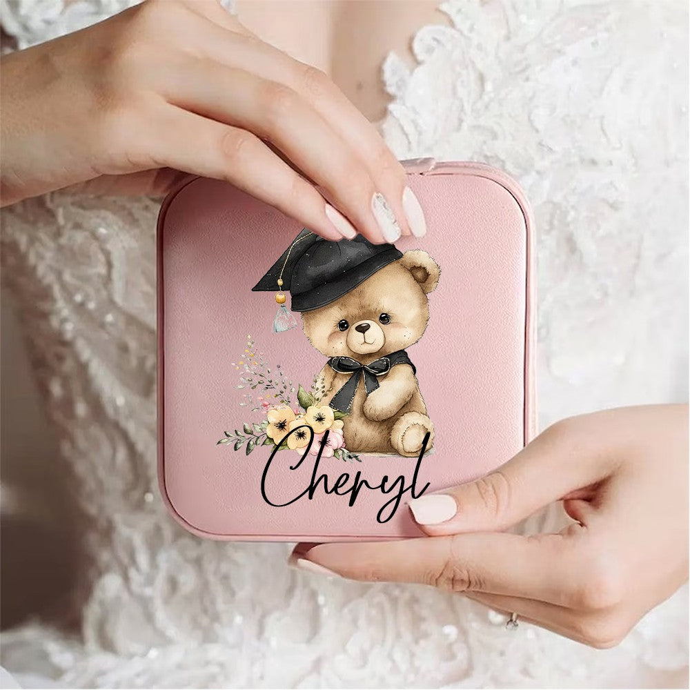Personalized Name Bear with Graduation Hat Design Jewelry Box, PU Leather Travel Jewelry Case, Graduation Party Favor, Gift for Graduates/Friends/Her