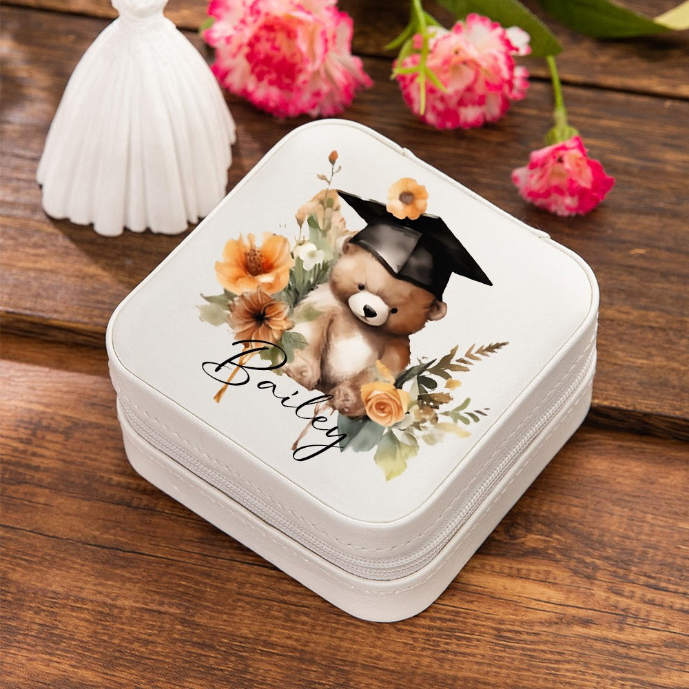 Personalized Name Bear with Graduation Hat Design Jewelry Box, PU Leather Travel Jewelry Case, Graduation Party Favor, Gift for Graduates/Friends/Her