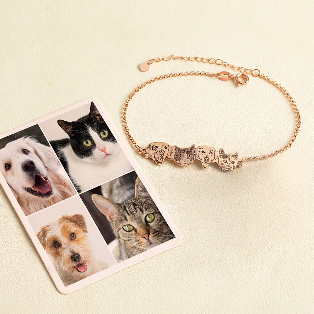 Custom Engraved Pet Portrait Bracelet with Name, Dog Cat Photo Charm Bracelet, Sterling Silver 925 Pet Memorial Jewelry, Gift for Pet Lovers/Owners