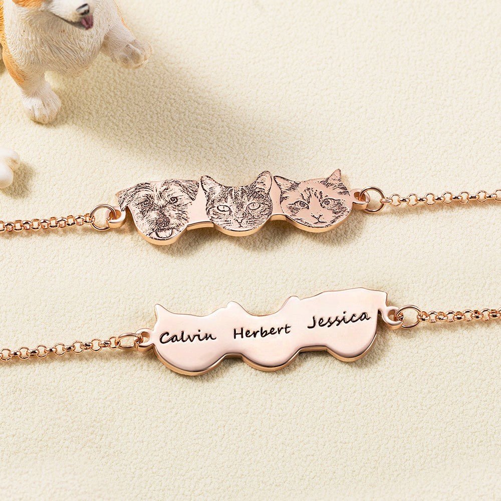 Custom Engraved Pet Portrait Bracelet with Name, Dog Cat Photo Charm Bracelet, Sterling Silver 925 Pet Memorial Jewelry, Gift for Pet Lovers/Owners